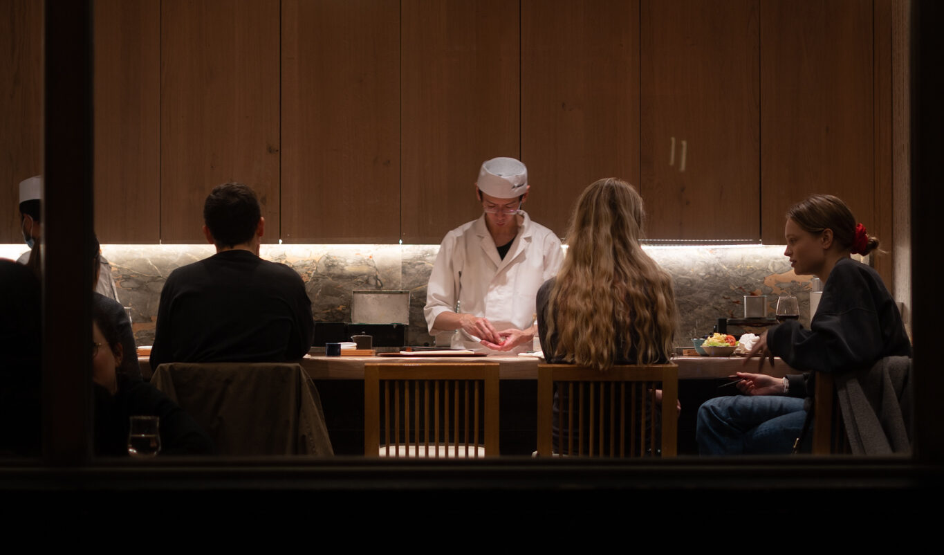 Diners on Valentine's Day in a Japanese restaurant in Paris.