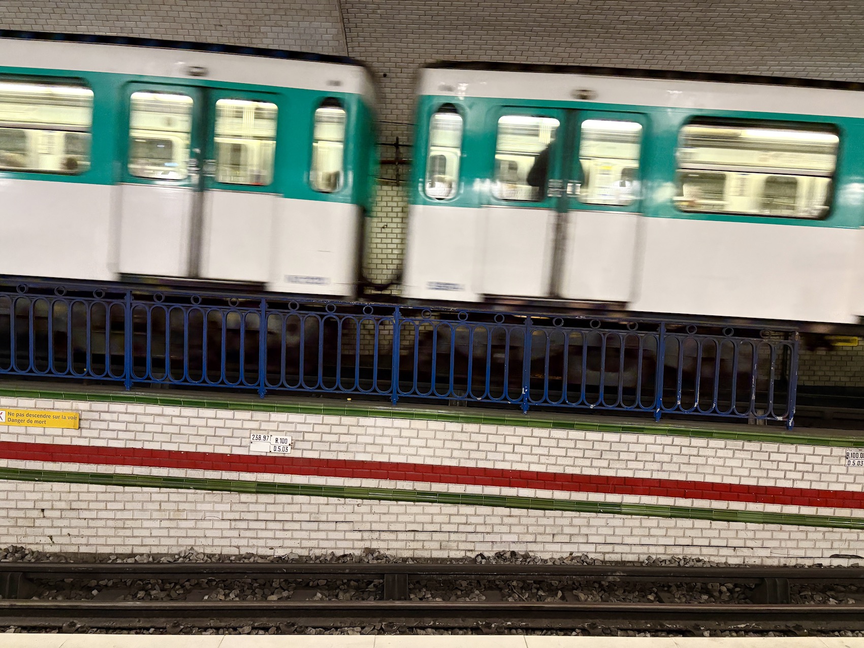 A southbound metro train coming up the ramp at Mirabeau station in Paris.