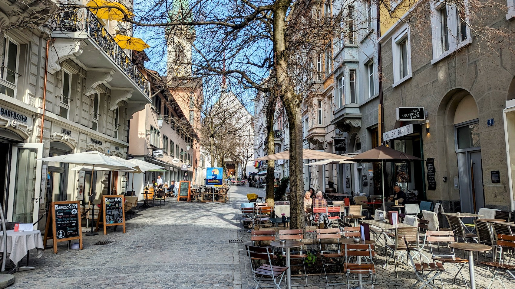 Cafe terrces in Zurich's old town.