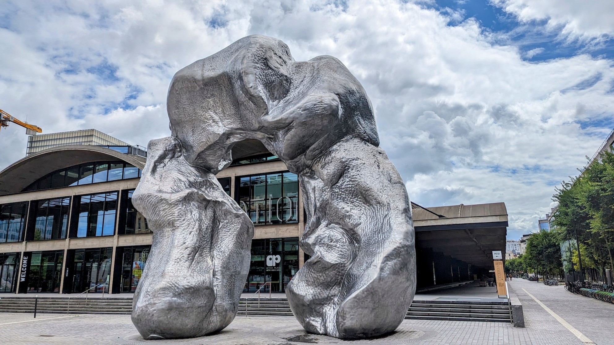 A huge silver sculpture in front of Station F in the 13th arrondissement in Paris.