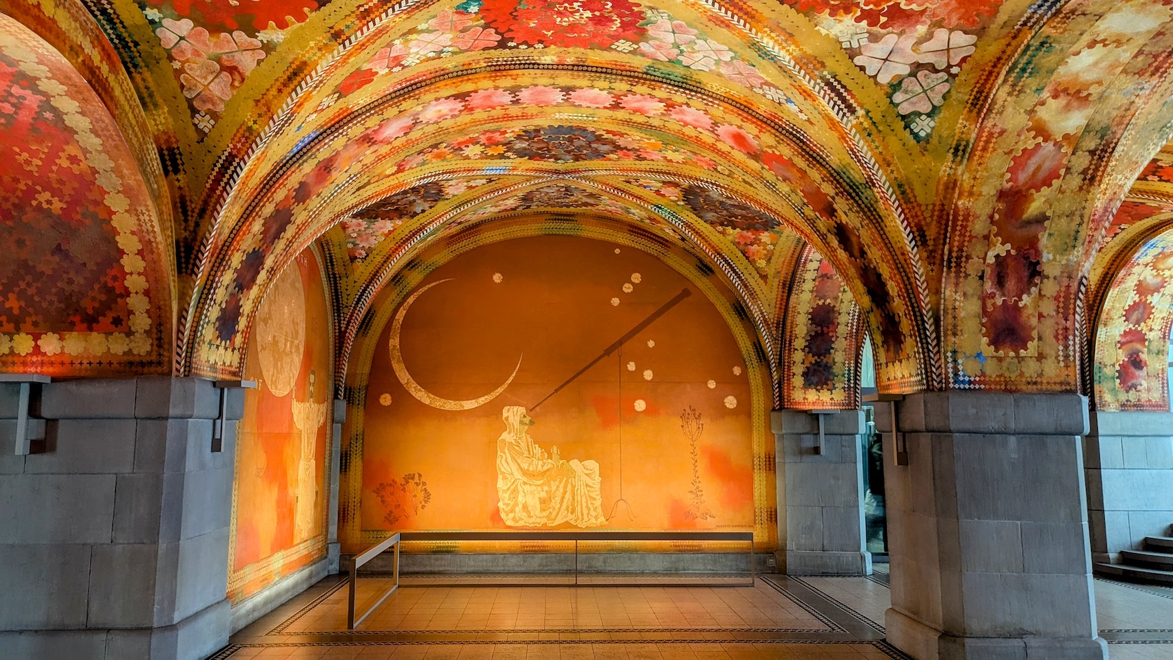 The Giacometti frescoes in warm red and ochre tones in Zurich's main police station.