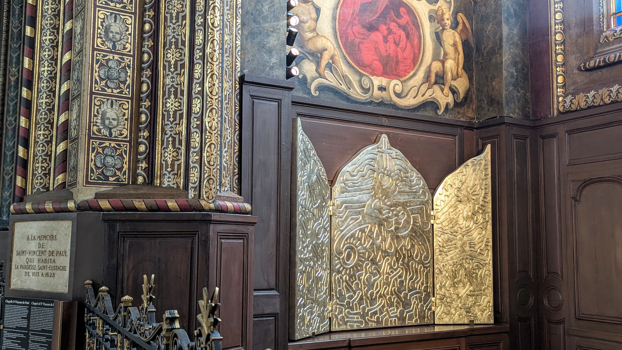 Keith Haring's triptych "The Life of Christ" in the Saint-Vincent-de-Paul Chapel of Saint-Eustache in Paris.